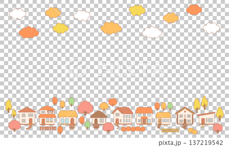 秋の紅葉と町並みのフレーム背景素材_線画 137219542