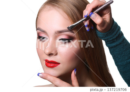 Eyebrow shadow applying, brow modelling makeup closeup. Female model face with fashion make-up, beauty concept isolated Eyebrow shadow applying, brow modelling makeup closeup. Female model face with fashion make-up, beauty concept isolated 137219706