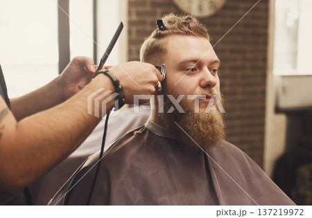 Man getting haircut by hairstylist at barbershop. Stylish barber and client 137219972