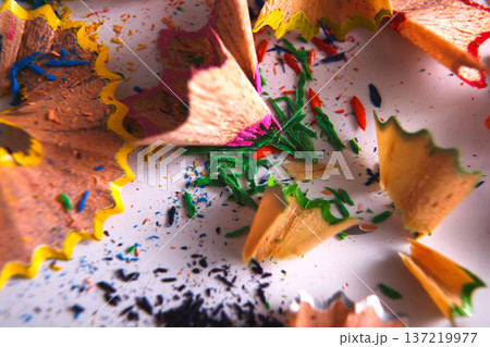 Wooden colorful pencil sharpening shavings closeup as abstract background. Art and education 137219977