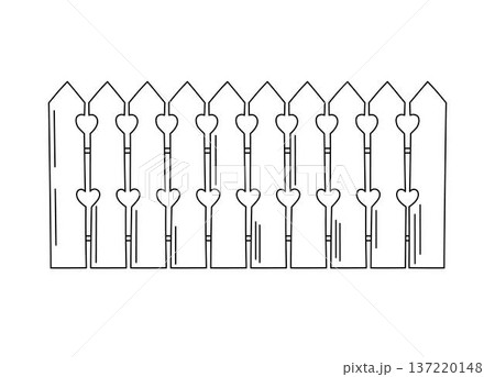 Wooden picket fence simple hand drawn outline doodle illustration, rustic garden barrier with planks and sharp tops, minimalist line art for decor, cottagecore design 137220148