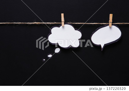 Blank speech bubble for presenting creative idea or business solution on black studio background, copy space, objects, nobody 137220320