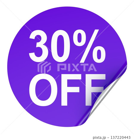 30 percent off discount sticker, round badge with peeled corner. 3D rendering 30 percent off discount sticker, round badge with peeled corner. 3D rendering 137220443