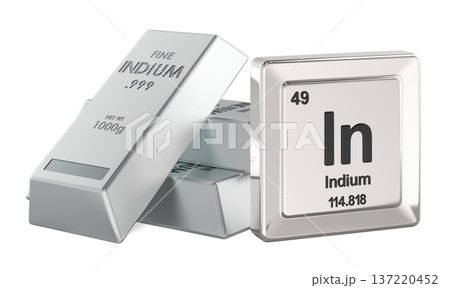 Indium metal bars with In chemical element, periodic table tile. 3D rendering 137220452