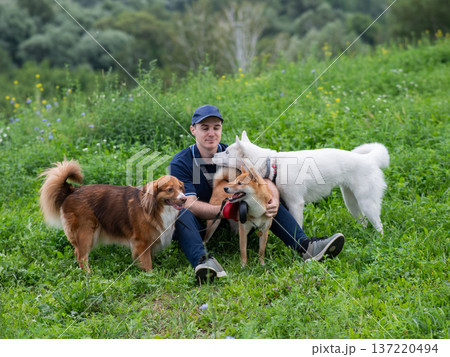 A Caucasian man walks with three dogs. Dog walker. A Caucasian man walks with three dogs. Dog walker. 137220494