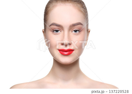 Skin makeup. Beautiful girl with red lips portrait isolated on white, crop Skin makeup. Beautiful girl with red lips portrait isolated on white, crop 137220528