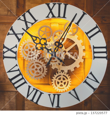 Huge fairy like clock with watch mechanism. Magical golden clock dial closeup 137220577