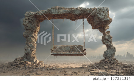 Stone swing standing in desolate apocalyptic landscape 137221314