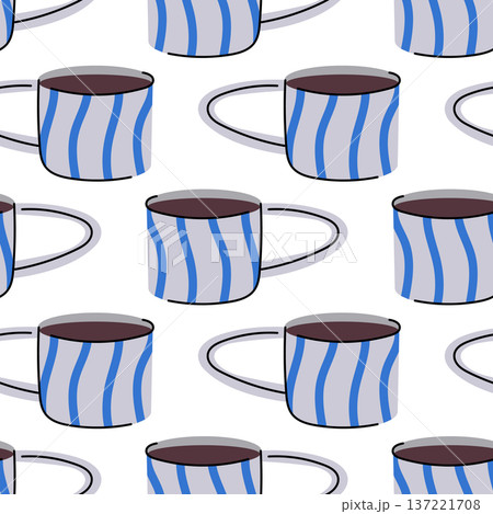 Seamless pattern with cup of coffee with blue stripes. Modern striped mug print Seamless pattern with cup of coffee with blue stripes. Modern striped mug print 137221708