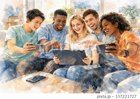 多国籍の友人たちのスポーツ観戦（スマートデバイス共有で盛り上がる） 137221727