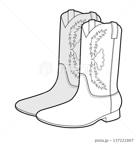 Cowboy boot women sketch pair. Stitch detail western boot for ranch inspired city outfit and festival wear. Technical 137222807