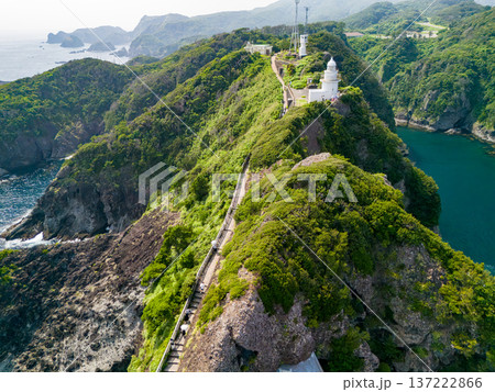 石廊崎オーシャンパークのドローン撮影。 白く美しい石廊崎灯台、岬の先端の断崖絶壁に石室神社がある。 137222866