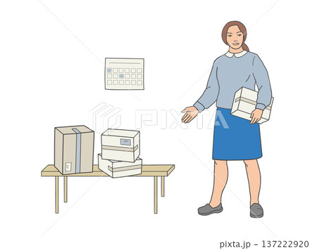 woman holding cardboard box near bench with stacked parcels 137222920