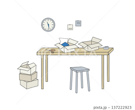 packing area with table, open boxes, tape, scissors, stool, stacked parcels and wall clock packing area with table, open boxes, tape, scissors, stool, stacked parcels and wall clock 137222923