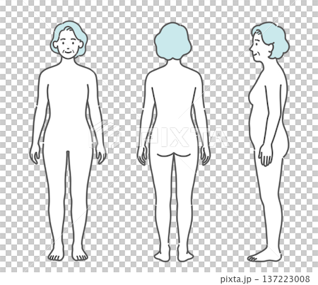 シニア女性(高齢者)の人体図・全身モデルのイラストセット(正面・背面・側面) シニア女性(高齢者)の人体図・全身モデルのイラストセット(正面・背面・側面) 137223008