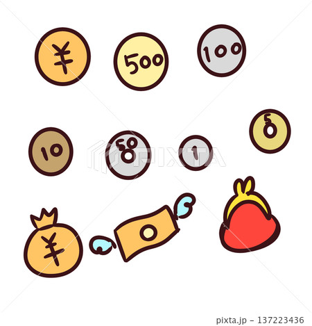 シンプルなお金とお財布の手描きアイコンセット 137223436