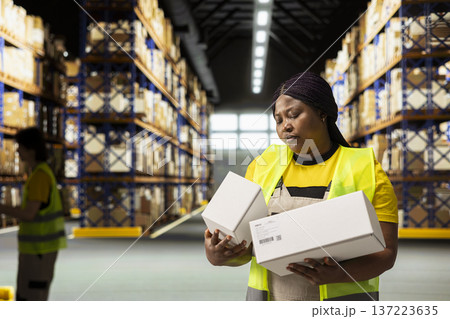 Distribution center staff managing package dispatch for a small brand, orders are processed quickly and efficiently ensuring express delivery of products packed with care. Warehouse depot. Distribution center staff managing package dispatch for a small brand, orders are processed quickly and efficiently ensuring express delivery of products packed with care. Warehouse depot. 137223635