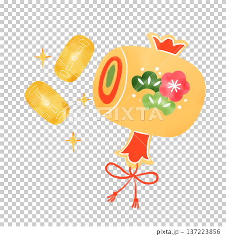 水彩插畫，描繪了一把魔法木槌和金幣。這是一幅日式風格的商業繁榮象徵圖。 137223856