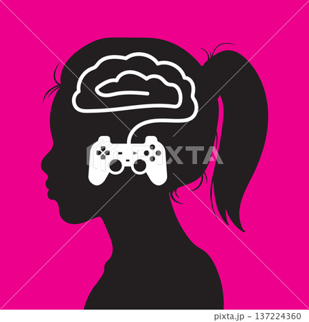 Head silhouette of Girl person with video game joystick inside Head silhouette of Girl person with video game joystick inside 137224360