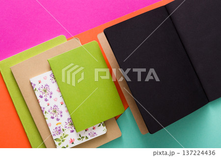 A variety of notebooks in different sizes and colors are displayed against bright backgrounds. The scene showcases green, floral, and neutral-toned covers, emphasizing creativity and organization. A variety of notebooks in different sizes and colors are displayed against bright backgrounds. The scene showcases green, floral, and neutral-toned covers, emphasizing creativity and organization. 137224436