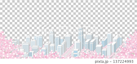 一幅描繪春日城市景觀的插圖，櫻花盛開。 137224993