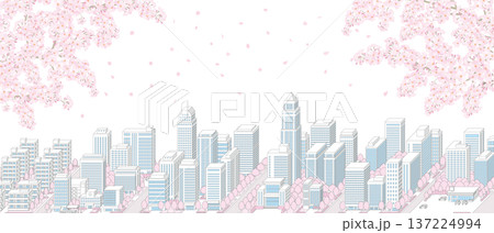 桜が咲く春の街並みのイラスト.  137224994