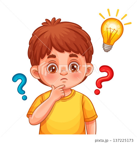 Child boy thinking, confused thoughtful kid ask question. Cute curious pensive young school student person, light bulb. Creative idea, imagination, education knowledge. Solving answer problem. Vector Child boy thinking, confused thoughtful kid ask question. Cute curious pensive young school student person, light bulb. Creative idea, imagination, education knowledge. Solving answer problem. Vector 137225173