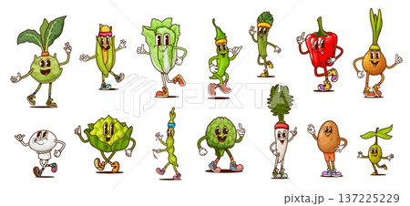 Groovy vegetable characters on fitness sport, vector retro food. Cartoon vintage groovy broccoli, pepper and corn with cute smiles, hippie bean, funny olive and potato vegetables doing sport exercises 137225229