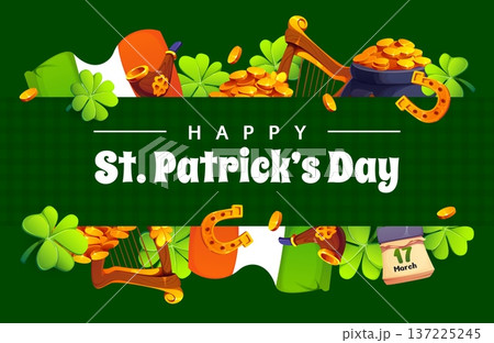 Happy St Patrick Day greetings banner for traditional festival, Irish Celtic party celebration. Vector banner with shamrocks, horseshoe, harp and flag, gold coins on green plaid patterned background 137225245