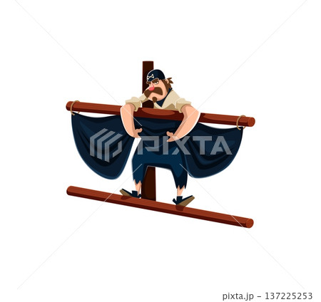 Brave pirate corsair cartoon character in black bandana climbs the mast to adjust the black sail of pirate ship. Active vector skipper personage with mustache, shirt, and pants for nautical games Brave pirate corsair cartoon character in black bandana climbs the mast to adjust the black sail of pirate ship. Active vector skipper personage with mustache, shirt, and pants for nautical games 137225253