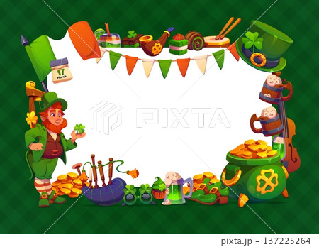 Happy St Patrick day greetings banner. Cartoon vector festive frame featuring a leprechaun, Irish flag, golden coins, clover, beer mugs, sweets, and musical instruments on green plaid background 137225264