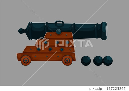 Cartoon pirate cannon on a wooden base with cannonballs. Vector artillery piece with vintage details and wooden wheels for children's games, pirate story illustrations, or pirate party decorations 137225265