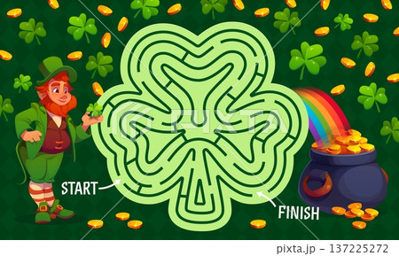 Labyrinth maze game with Irish leprechaun and pot of golden coins. Search path vector quiz, find way kids riddle worksheet. Saint Patrick Labyrinth maze game with rainbow, shamrock clover leaves Labyrinth maze game with Irish leprechaun and pot of golden coins. Search path vector quiz, find way kids riddle worksheet. Saint Patrick Labyrinth maze game with rainbow, shamrock clover leaves 137225272