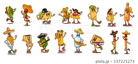 Cartoon cheerful groovy mexican cuisine characters with sombrero hats and guitars, vector tex mex food and drinks. Funky groovy taco, burrito and pepper. Cute mexican tequila bottle, nachos, avocado 137225273