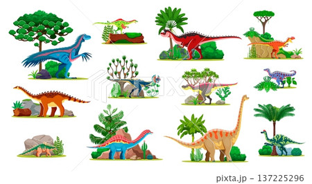 Cartoon prehistoric dinosaur animal characters, vector dinos set with nature landscape. Funny brachiosaurus, raptor, monolophosaurus and carnotaurus dinosaurs with forest trees and mountain rocks Cartoon prehistoric dinosaur animal characters, vector dinos set with nature landscape. Funny brachiosaurus, raptor, monolophosaurus and carnotaurus dinosaurs with forest trees and mountain rocks 137225296