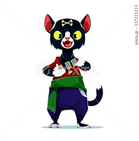 Cartoon black cat pirate vector character holds three playing cards in paws. Corsair wears a black headband with bones and red shirt, green sash, purple trousers. Pirate party personage Cartoon black cat pirate vector character holds three playing cards in paws. Corsair wears a black headband with bones and red shirt, green sash, purple trousers. Pirate party personage 137225315