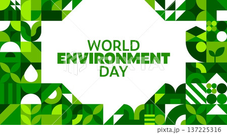 World environment day banner with bold green typography, surrounded by geometric eco friendly abstract patterns. Vector greeting card promoting ecology and sustainability with plant leaves shapes 137225316