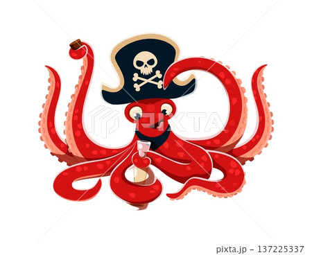 Cartoon pirate octopus in captain's hat with skull patch, opening message bottle. Cute funny vector character with sea charm for kids prints, baby fashion graphics, or playful nautical designs 137225337