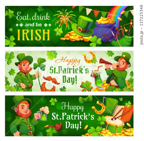 Happy St Patrick's day holiday celebration banners. Spring celebration vector posters, Irish Saint Patrick party banners with leprechauns cheerful characters, clover leaves and golden coins, ale drink 137225348