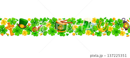 Shamrock clover leaves seamless border with Irish St Patrick's day holiday symbols. Festive cartoon vector green hat, beer mug, drum, lucky horseshoe, pipe, cross, lantern, gold coins horizontal frame Shamrock clover leaves seamless border with Irish St Patrick's day holiday symbols. Festive cartoon vector green hat, beer mug, drum, lucky horseshoe, pipe, cross, lantern, gold coins horizontal frame 137225351