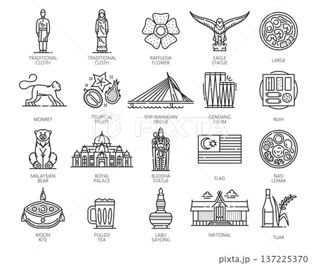 Malaysia line icons with vector travel landmarks, buildings and statues. Malaysian national flag, culture, religion and food outline symbols. Malaysia traditional clothes, flower and drink icons set 137225370