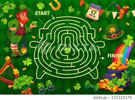 St Patrick day labyrinth maze game with cartoon leprechaun character, pot of gold, rainbow, clover, hat, harp, golden coins, glasses. Vector holiday puzzle with shamrock and path from start to finish 137225379