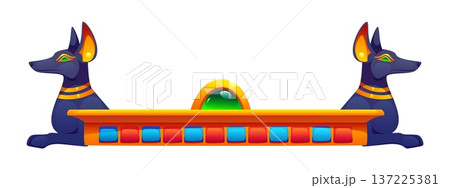 Ancient ornament, Egyptian divider border with two black Anubis figures sitting back to back, golden horizontal base with red, blue and turquoise tiles, and green gemstone. Ancient culture decoration 137225381