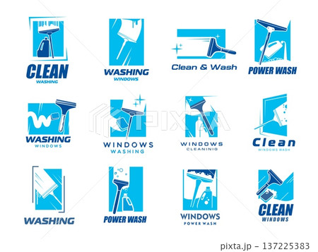 Window cleaning and washing service icons. Vector clean windows of house and office buildings, glass cleaner bottles, squeegees and sponges blue symbols. House cleaning and window washing icons set Window cleaning and washing service icons. Vector clean windows of house and office buildings, glass cleaner bottles, squeegees and sponges blue symbols. House cleaning and window washing icons set 137225383