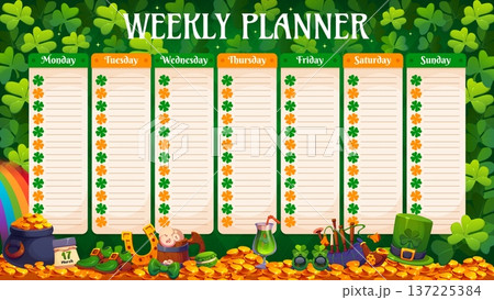 Weekly planner with St Patrick Day shamrock clovers, irish holiday green beer, leprechaun hat and gold pot on rainbow. St Patrick Day weekly planner, timetable and daily plan at clovers background Weekly planner with St Patrick Day shamrock clovers, irish holiday green beer, leprechaun hat and gold pot on rainbow. St Patrick Day weekly planner, timetable and daily plan at clovers background 137225384