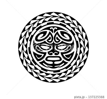 Maori sun face medallion tribal black tattoo or symbol. Samoan tribal abstract decoration, New Zealand warrior graphic print. Maori tribe black tattoo warrior folk print 137225388