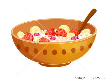 Cartoon oatmeal bowl with cereal flakes and milk, topped with strawberry, raspberry and banana slices. Vector isolated breakfast food with creamy porridge texture in ceramic dish with wooden spoon Cartoon oatmeal bowl with cereal flakes and milk, topped with strawberry, raspberry and banana slices. Vector isolated breakfast food with creamy porridge texture in ceramic dish with wooden spoon 137225397