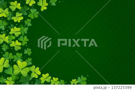 St Patrick day holiday shamrock clover leaves green background with scattered trefoil leaves and subtle sparkles. Vector festive frame for celebrating Irish holiday, greeting card or banner template St Patrick day holiday shamrock clover leaves green background with scattered trefoil leaves and subtle sparkles. Vector festive frame for celebrating Irish holiday, greeting card or banner template 137225399