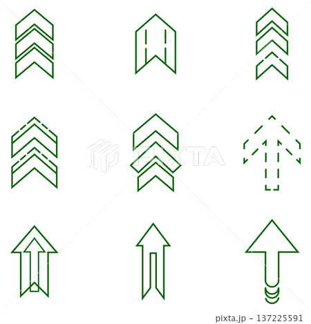 Set of nine green outline arrow icons pointing upwards, representing progress and direction Set of nine green outline arrow icons pointing upwards, representing progress and direction 137225591
