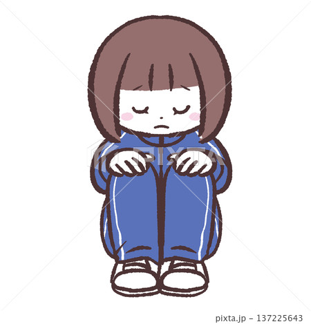 下を向く体育座りする女の子のイラスト 137225643
